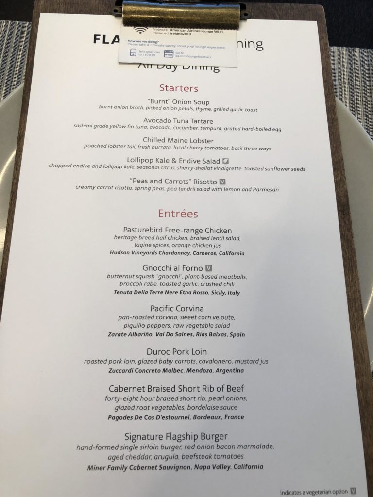American Airlines Flagship Dining LAX Menu