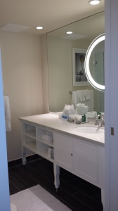 A guest bathroom at the Hilton Cabana. Women will appreciate the makeup mirror.