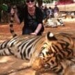 a woman petting a tiger