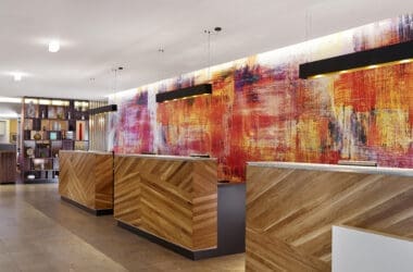 a reception desks in a hotel