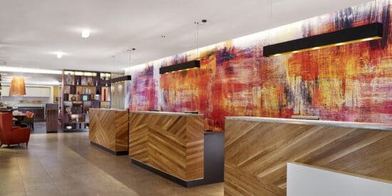 a reception desks in a hotel