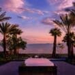 a pool with a fountain and palm trees