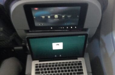 a laptop on a plane