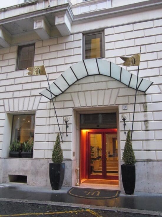 a building with a red door and a red door