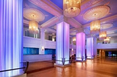 a room with columns and lights