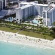 a high angle view of a beach and buildings