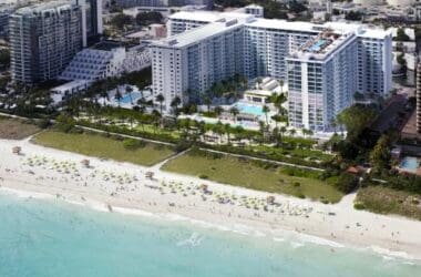 a high angle view of a beach and buildings