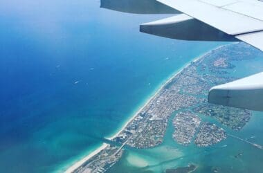 an airplane wing and water