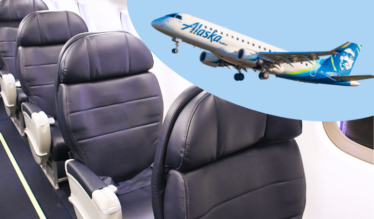 An image of Alaska Airlines E175 First Class cabin with a photo of an Alaska Airlines E175 in flight in the upper right hand corner