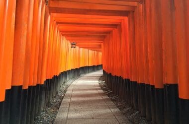 a walkway with orange pillars with Fushimi Inari-taisha in the background