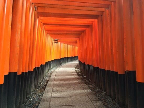 a walkway with orange pillars with Fushimi Inari-taisha in the background