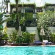 a swimming pool with plants around it