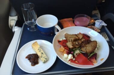 a plate of food on a tray