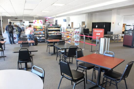 a room with tables and chairs