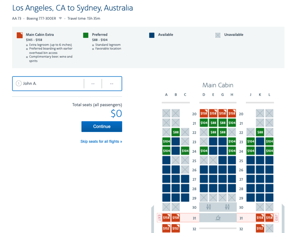 A screenshot from American Airlines website showing available seats on a flight from Los Angeles to Sydney. Some seats are shown with a price to select said seats.