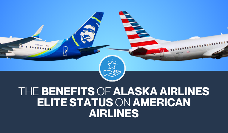 At the top left, an Alaska Airlines Boeing 737 tail and at the top right, an American Airlines Boeing 737 tail. At the bottom, there is text that reads "The Benefits of Alaska Airlines Elite Status on American Airlines"