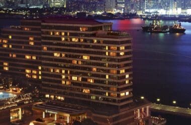 a building with lights on it