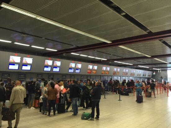 a group of people standing in a line