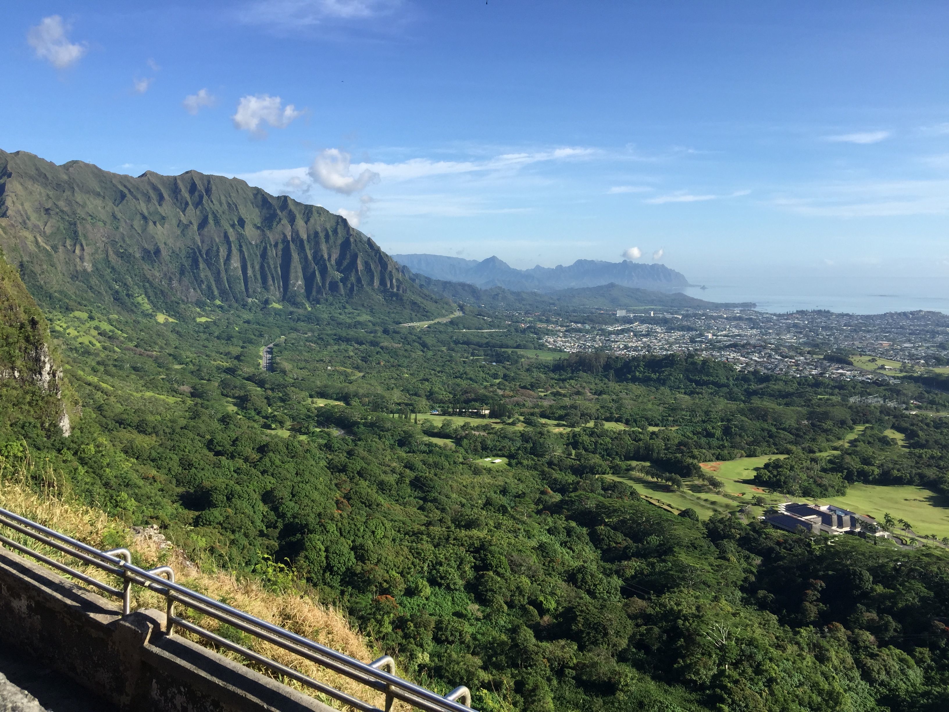 a view of a valley with trees and mountains with Nu‘uanu Pali in the background