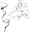 a black and white drawing of a person sneezing