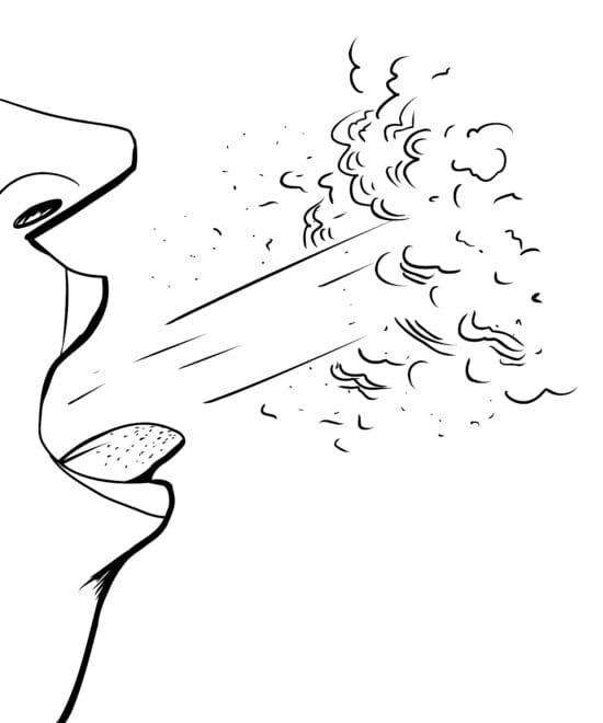 a black and white drawing of a person sneezing