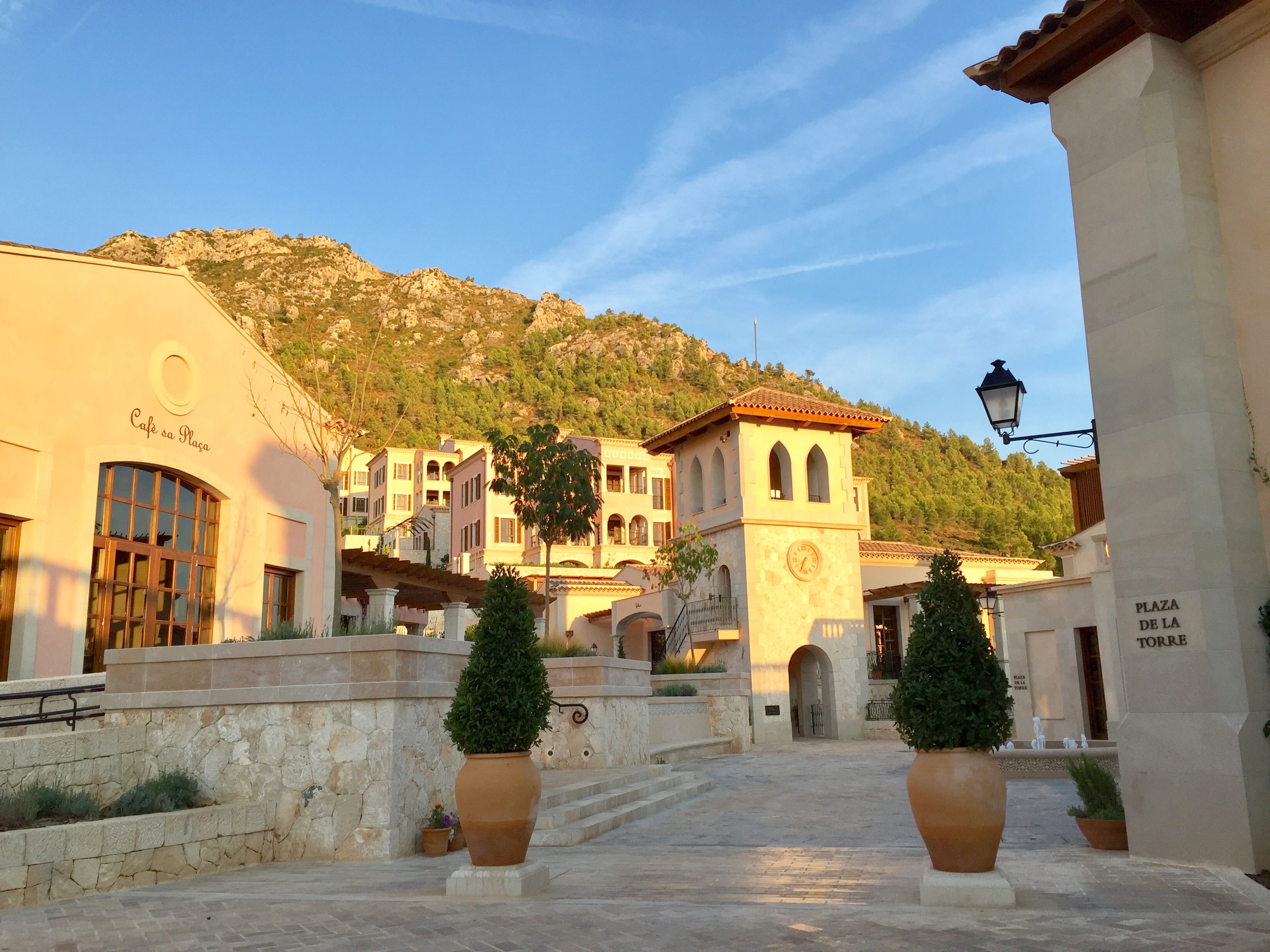 a courtyard with trees in pots