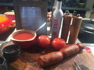 a table with food and a frame