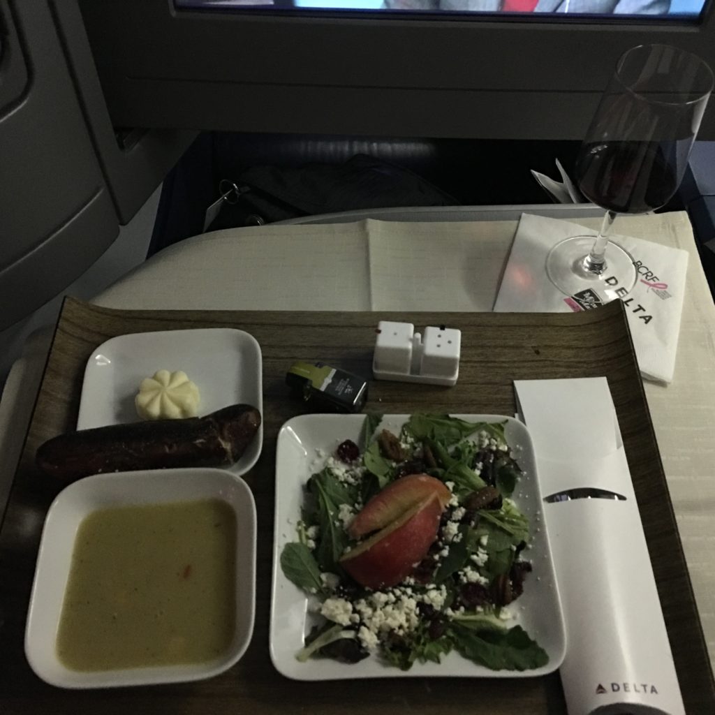 delta one dinner service, delta one review, delta business class, delta one