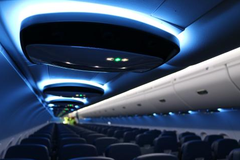 an airplane with seats and lights