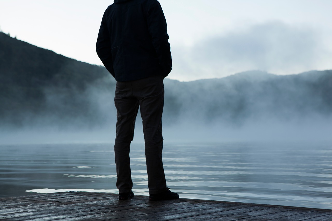 a person standing on a dock overlooking a lake