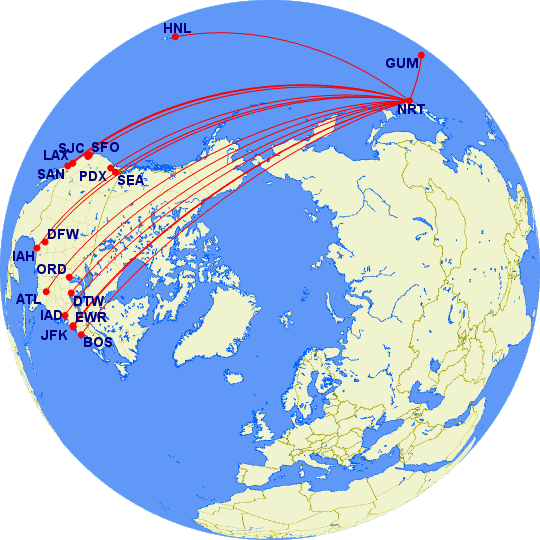 Flights between the U.S. and Tokyo Narita (NRT).
