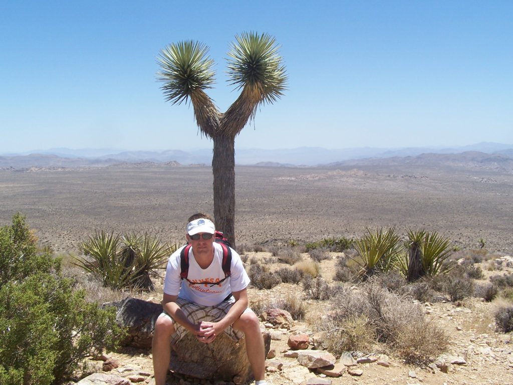 a man sitting on a rock with a cactus in the background