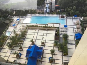 a pool and trees in a building