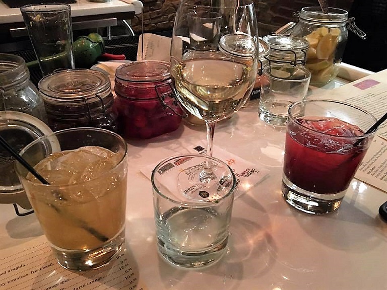 a table with different drinks