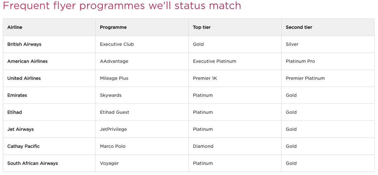 Elite Status Tiers Virgin Atlantic will Match