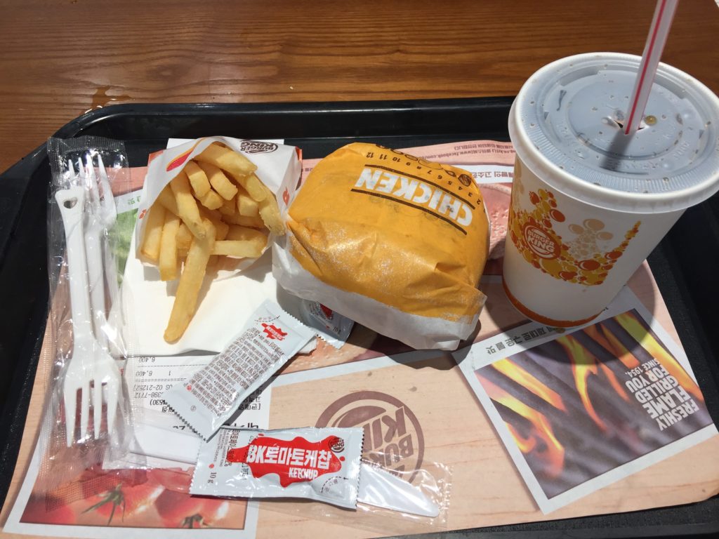 a tray with food and drink on it