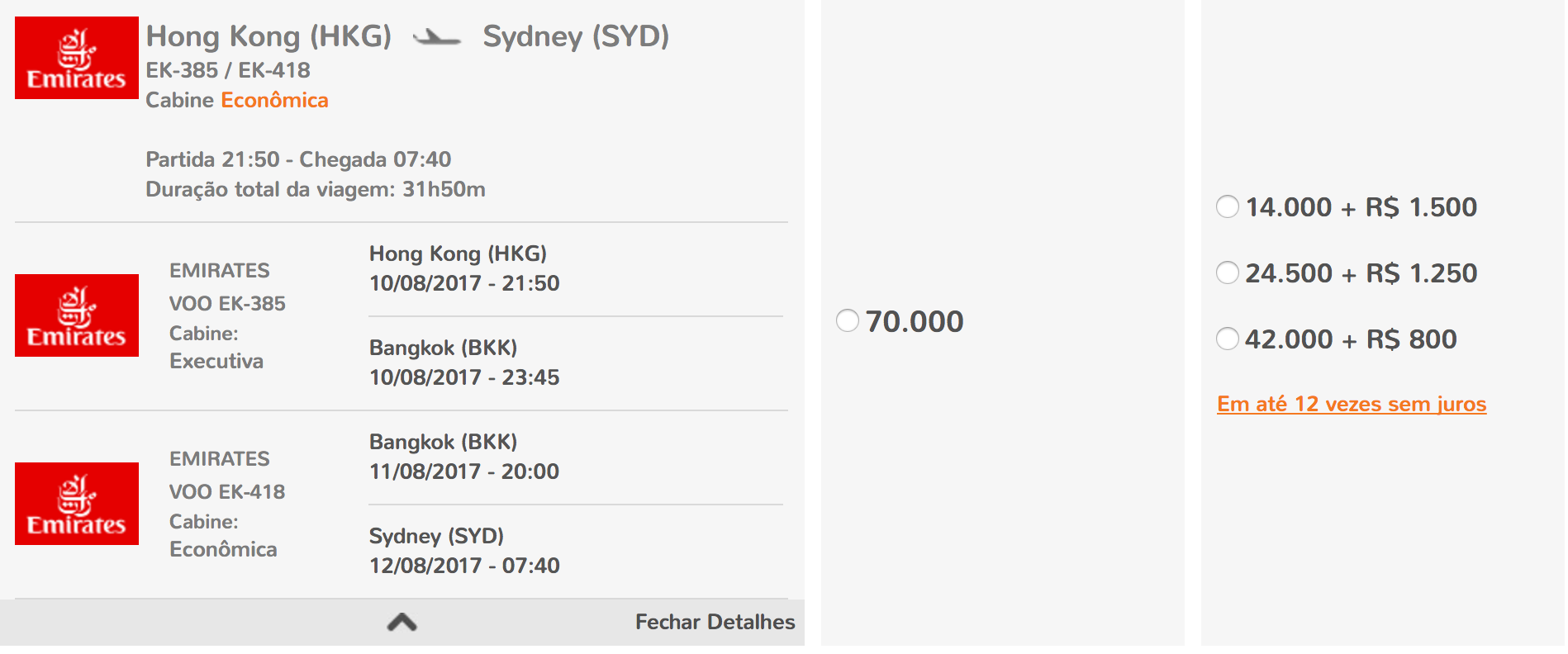 Hong Kong to Sydney in Emirates Business Class for 70k Smiles miles