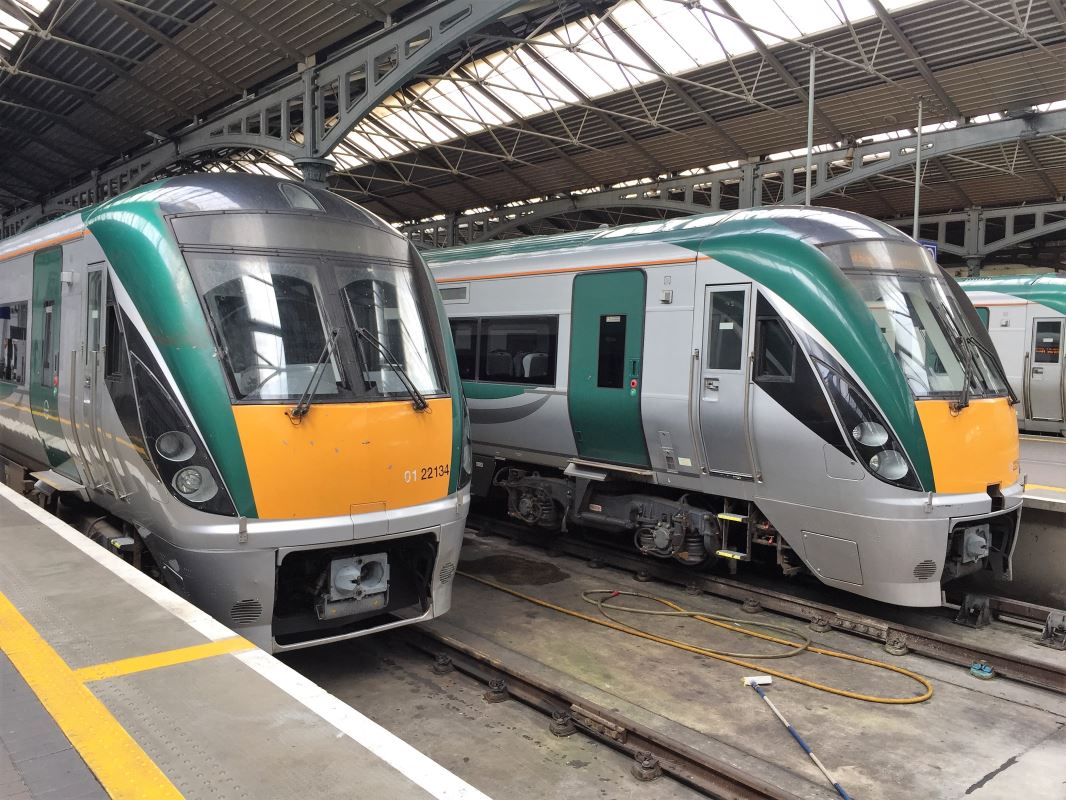 trains parked at a train station