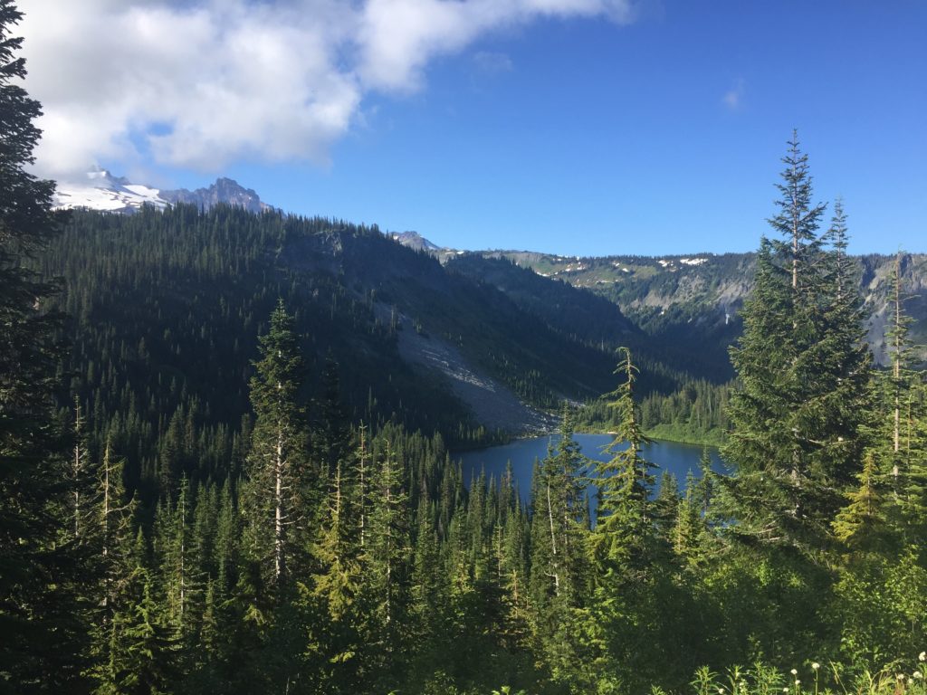 a lake with trees and mountains in the background