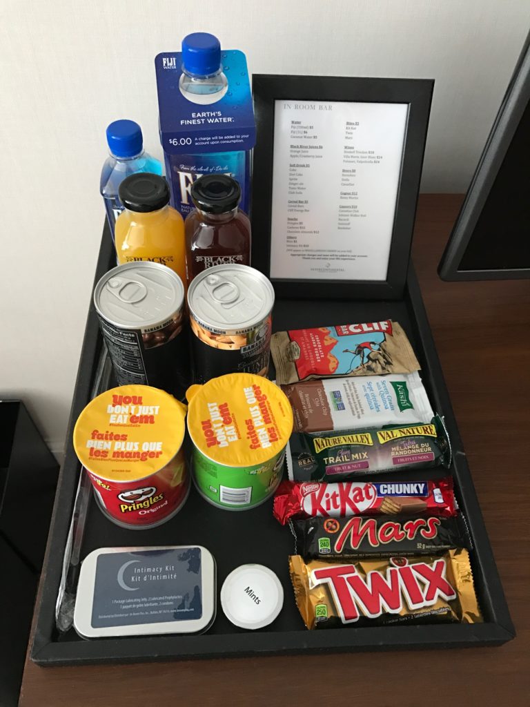 a tray of food and drinks