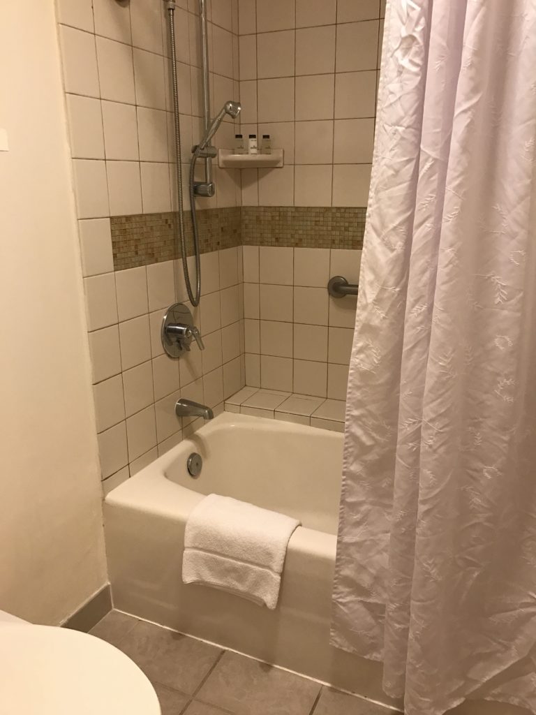 a bathtub and shower curtain in a bathroom