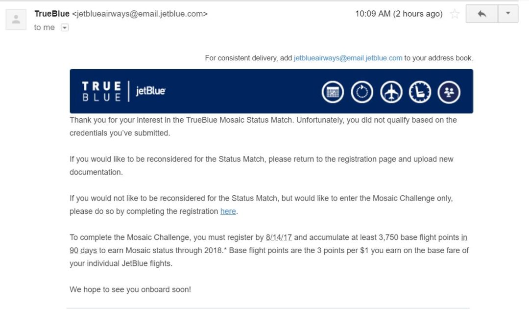 Rejected From Mosaic Status Match?! TravelUpdate