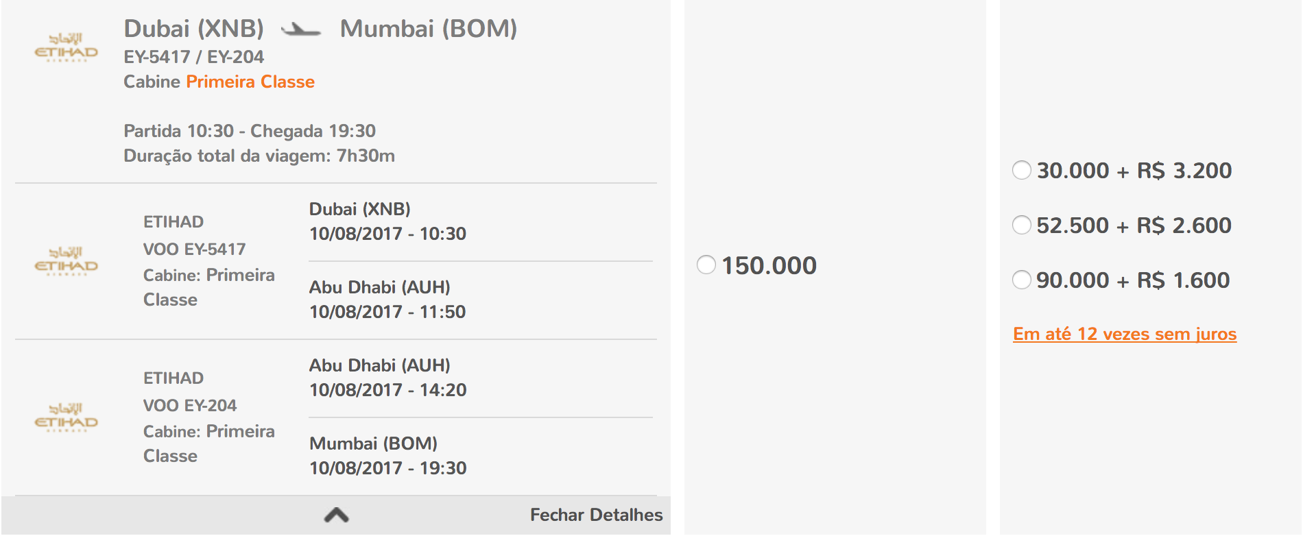 Dubai to Mumbai in Eithad First Class for 150k Smiles Miles