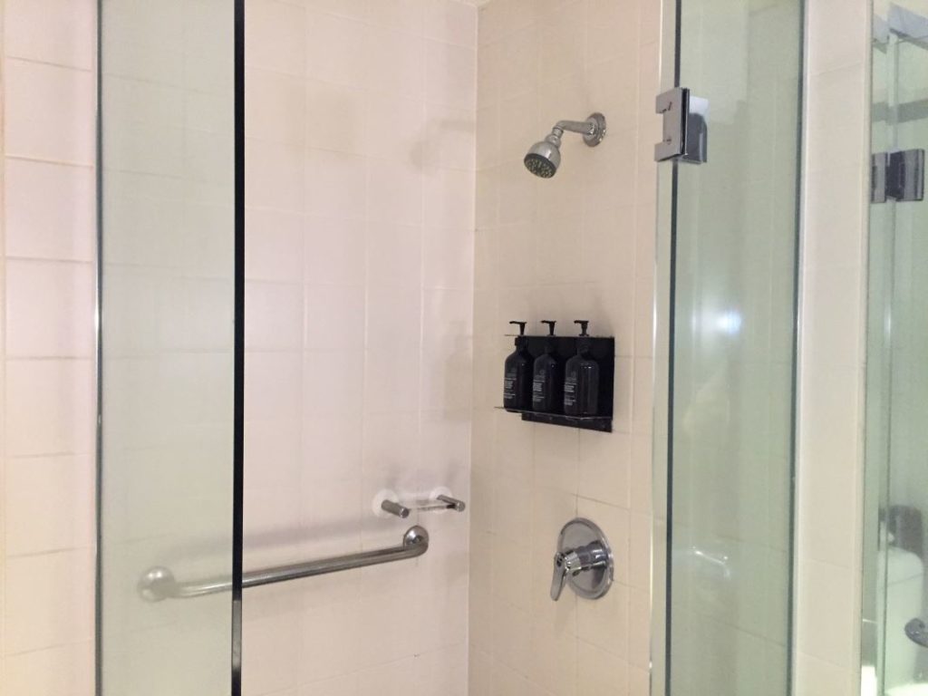 a shower with a shower head and hand shower