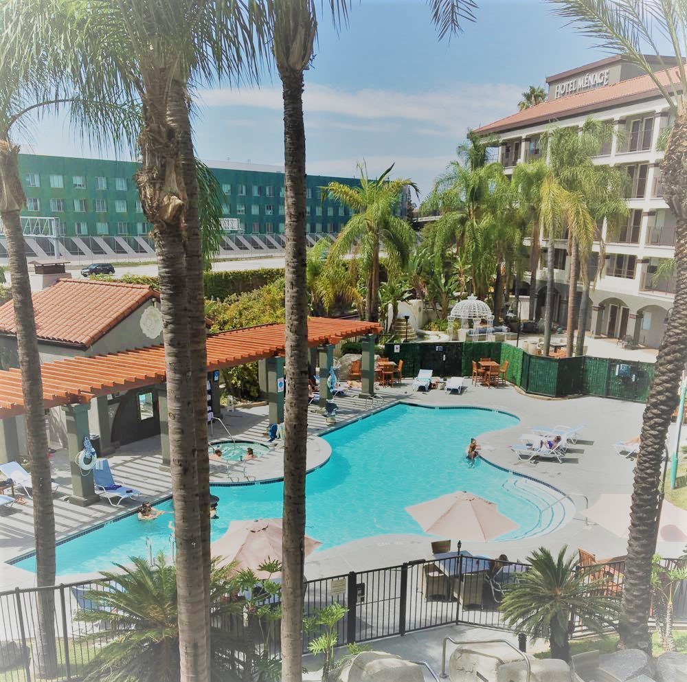 a pool with palm trees and a building