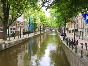 a canal with trees and buildings