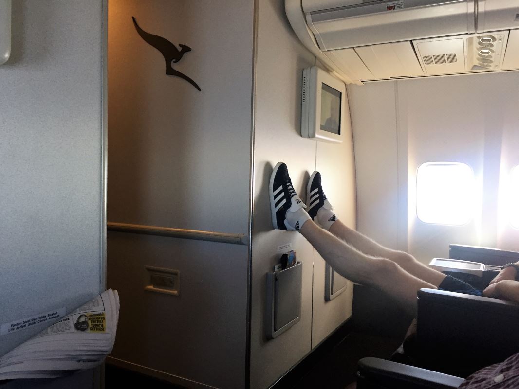 a person's legs on the wall of an airplane