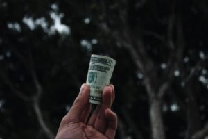 a hand holding a rolled up dollar bill