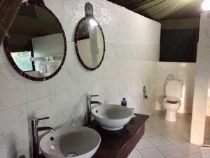 a bathroom with two sinks and a toilet
