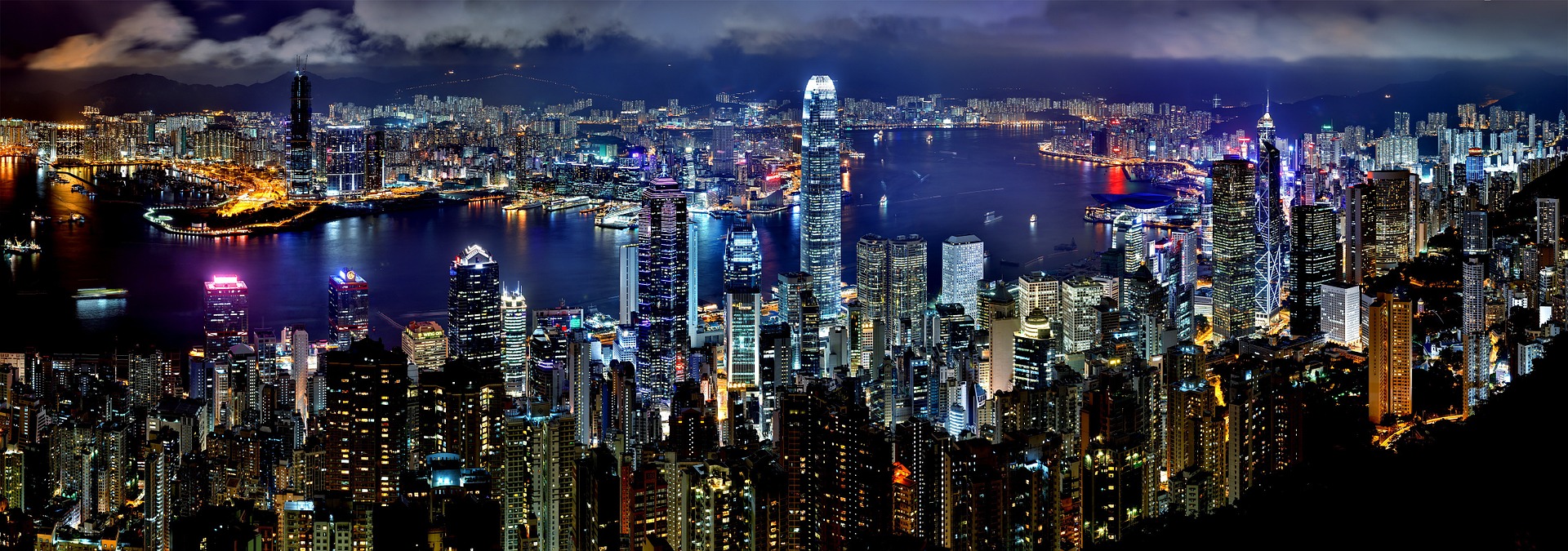 Victoria Peak skyline with lights and water